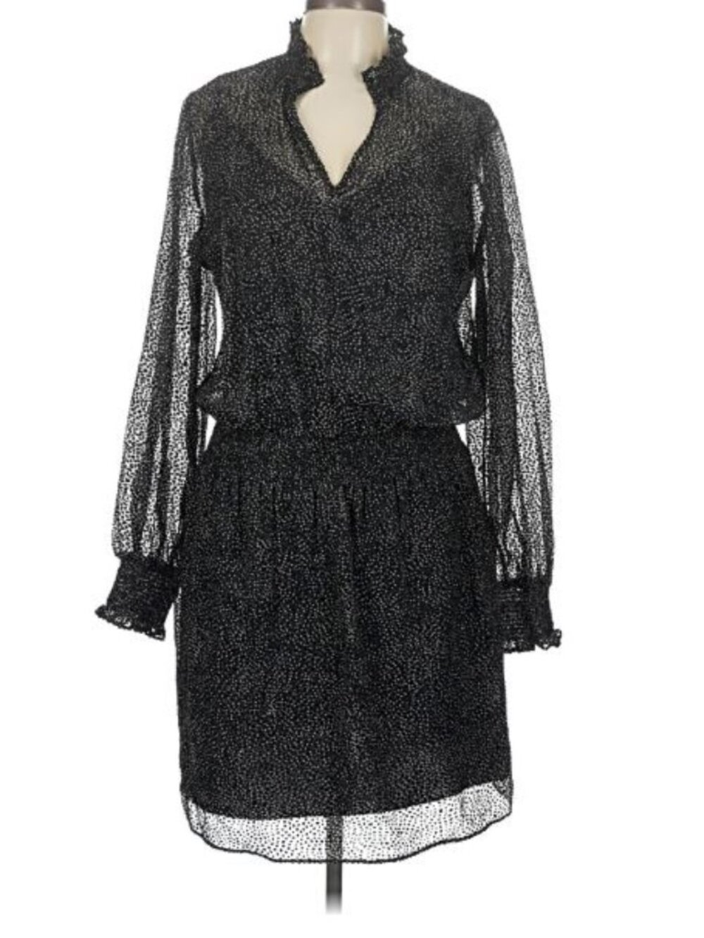 WHBM Polka Dot Blouson Dress Large Black White Sheer Mesh Mini Cocktail Casual - Picture 2 of 9